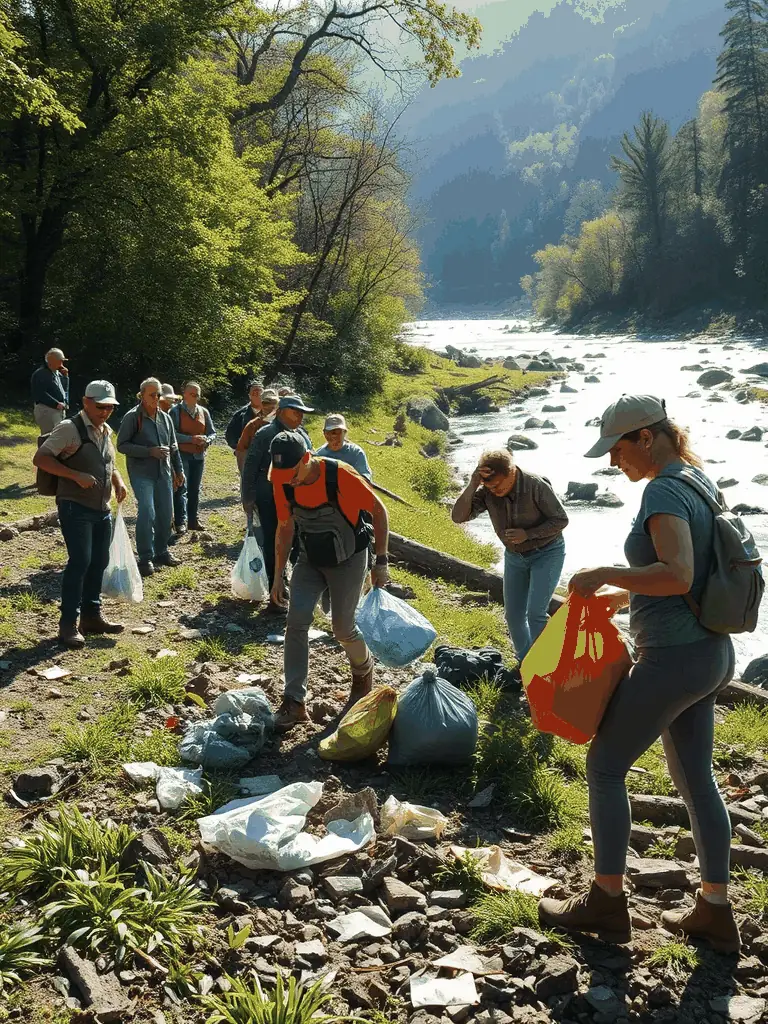 A photograph depicting volunteers participating in a river cleanup activity organized by AAPPMA LA GARLECHE, removing trash and debris from the riverbank, with the river and surrounding greenery in the background.