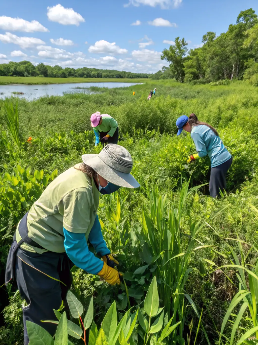 An image of volunteers clearing invasive plants from a riverbank, showcasing AAPPMA LA GARLECHE's efforts to control invasive species.