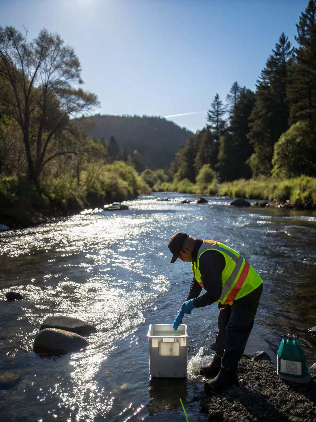 A close-up shot of a volunteer collecting water samples from a local river, highlighting AAPPMA LA GARLECHE's commitment to water quality monitoring.