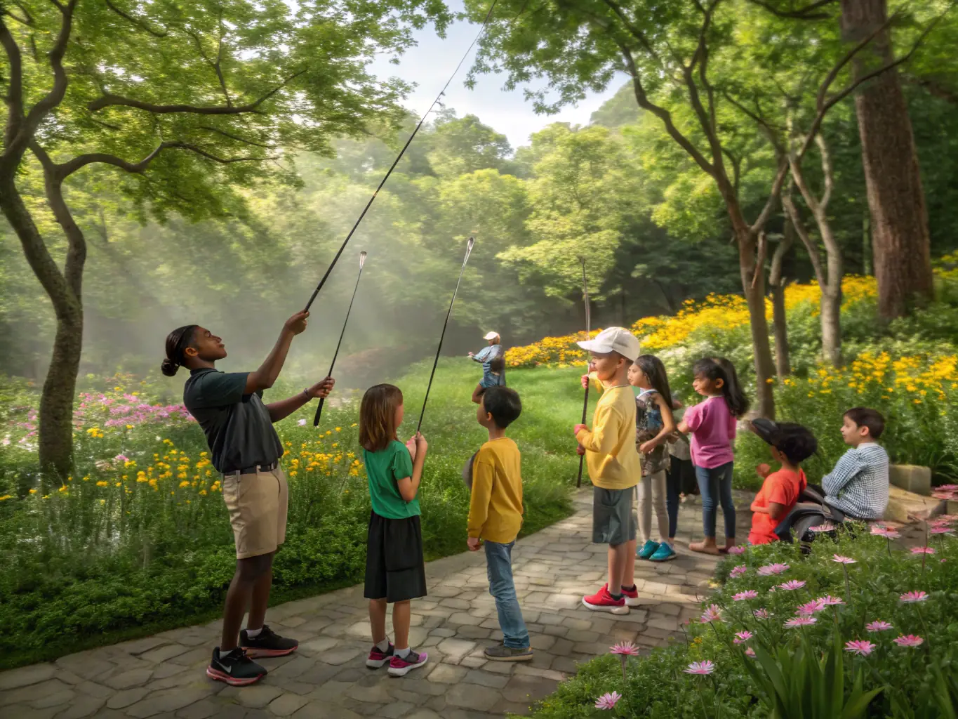 A photograph showcasing a group of children participating in a fishing workshop organized by AAPPMA LA GARLECHE, learning about responsible angling techniques and aquatic conservation from experienced instructors.