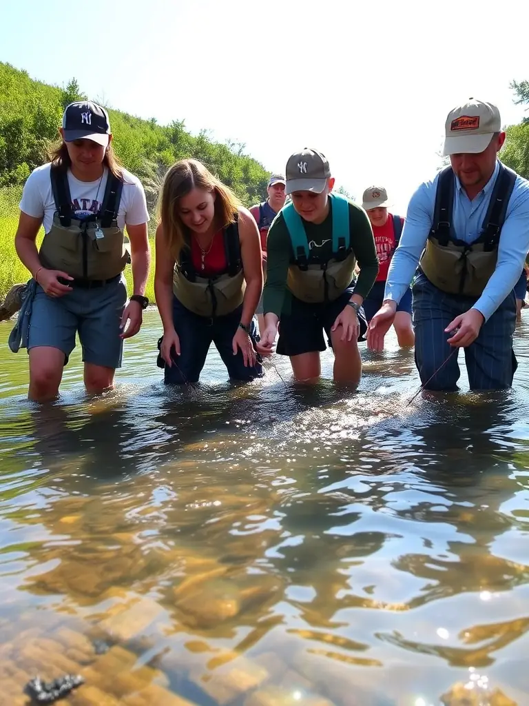A vibrant photograph capturing volunteers releasing juvenile fish into a clear, flowing river, symbolizing AAPPMA LA GARLECHE's restocking efforts.