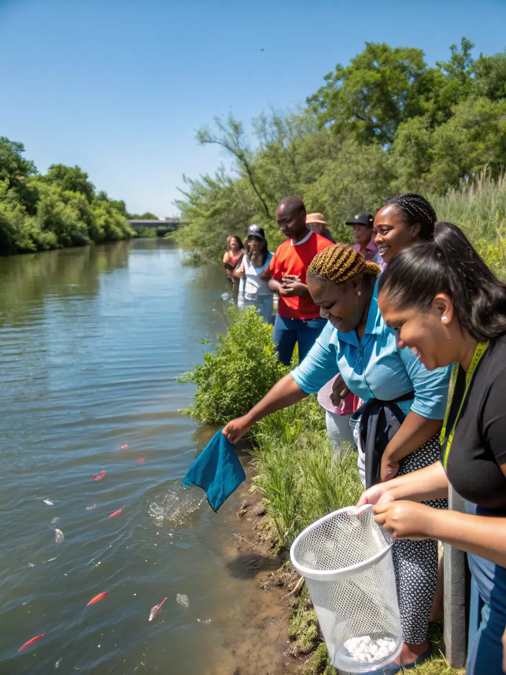 A photograph of AAPPMA LA GARLECHE members releasing juvenile fish into a local river as part of a restocking program, with the fish swimming into the water and the members smiling in the background.
