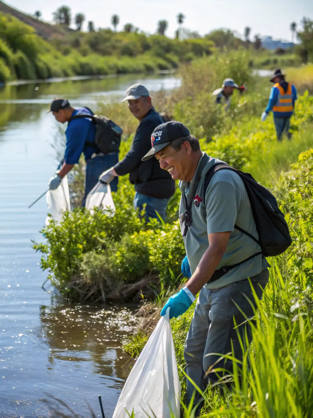 A photograph of a group of anglers participating in a river cleanup event, demonstrating AAPPMA LA GARLECHE's community engagement initiatives.