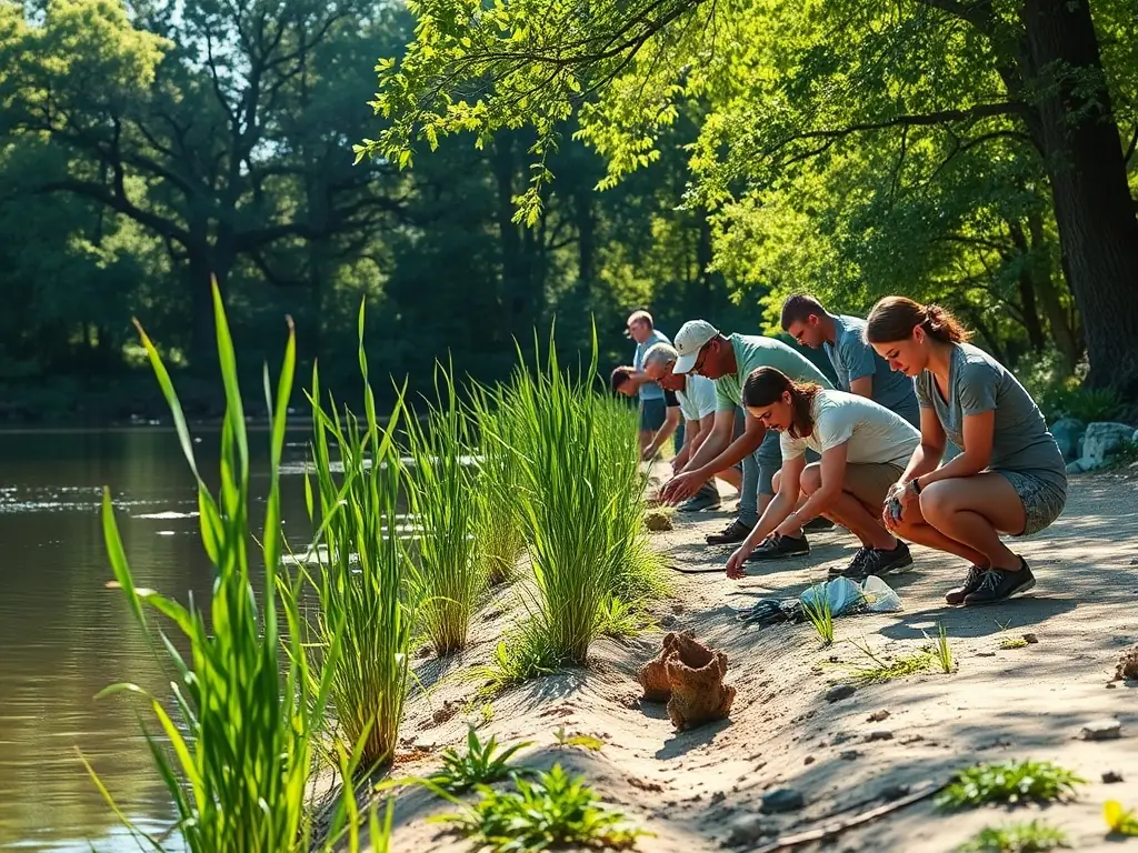 A photograph featuring members of AAPPMA LA GARLECHE working on a habitat restoration project, planting native vegetation along a riverbank to improve fish habitat and enhance biodiversity.