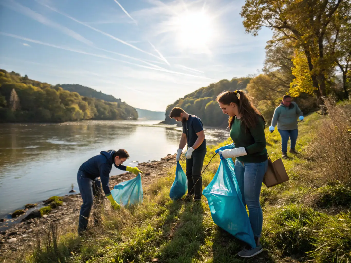 A photograph depicting a group of volunteers participating in a river cleanup activity organized by AAPPMA LA GARLECHE, removing trash and debris from the riverbank, with the focus on teamwork and environmental stewardship.