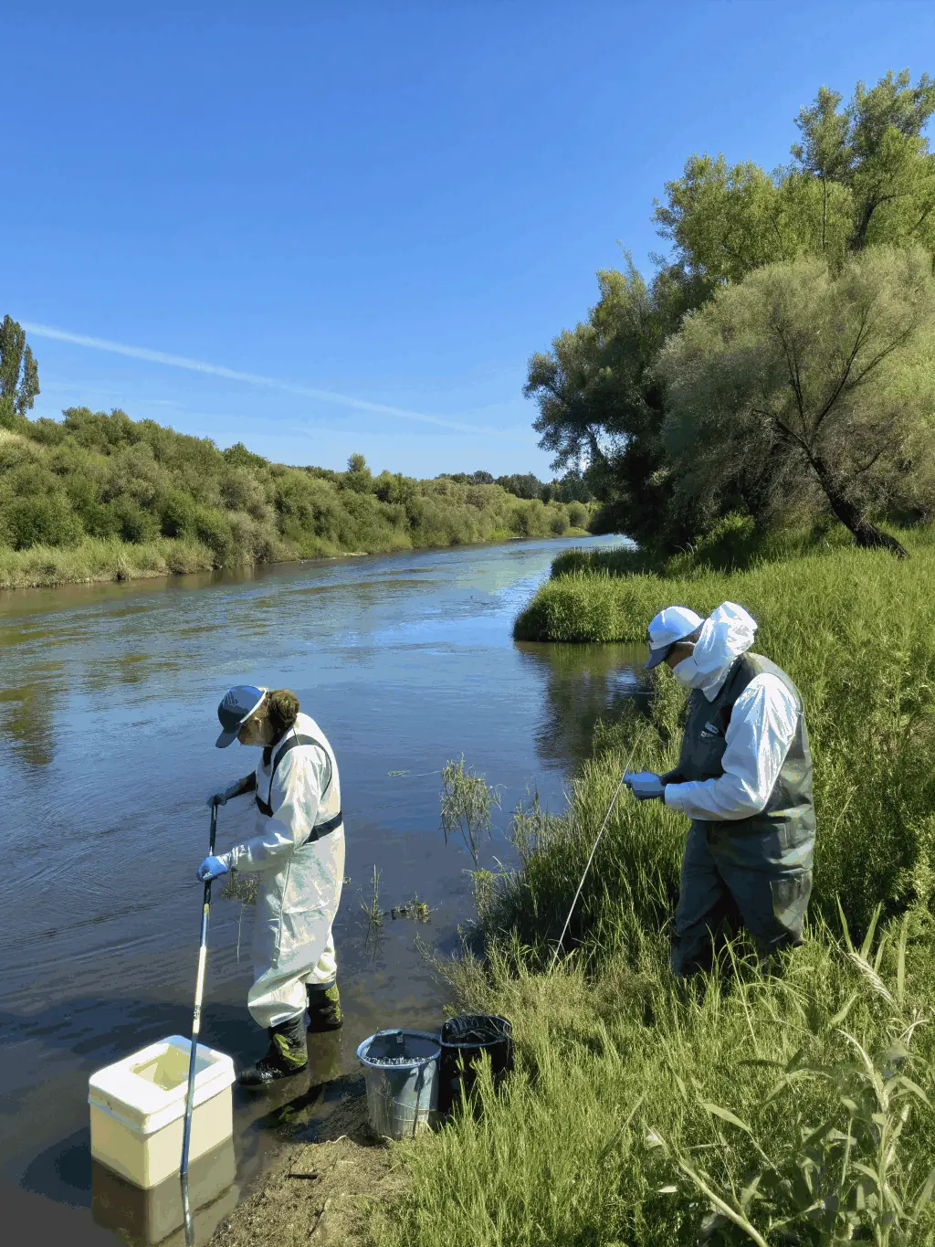 A photograph of AAPPMA LA GARLECHE members conducting water quality monitoring in a local river, using scientific equipment to assess water parameters and identify potential pollution sources.